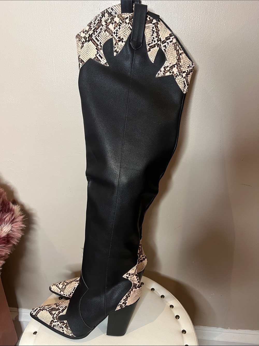 Black & Snake-Print Over-the-Knee Western Boots (Public Desire)